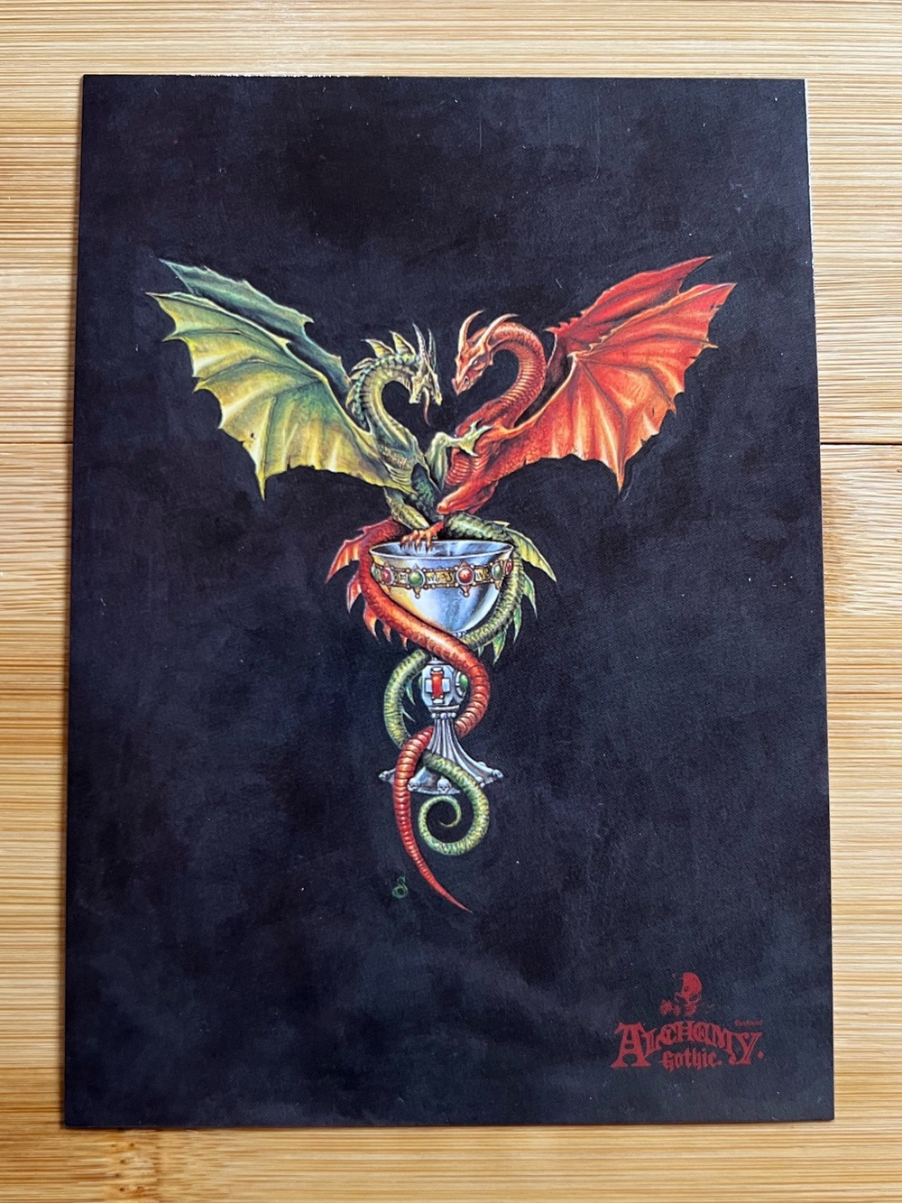 Vintage Alchemy Gothic Dragon Postcard Red Green Winged Dragons Fantasy Art 1990